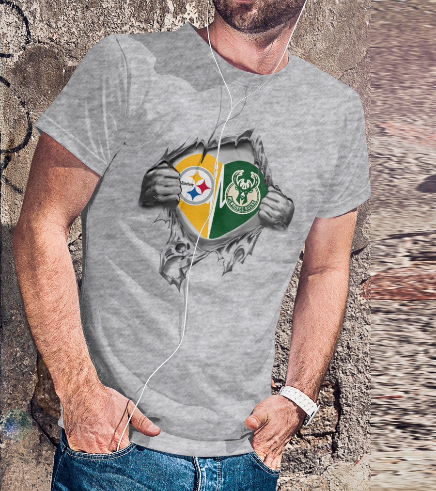 Steelers Milwaukee Bucks Heart Torn Reveal Symbol Fusion T-Shirt