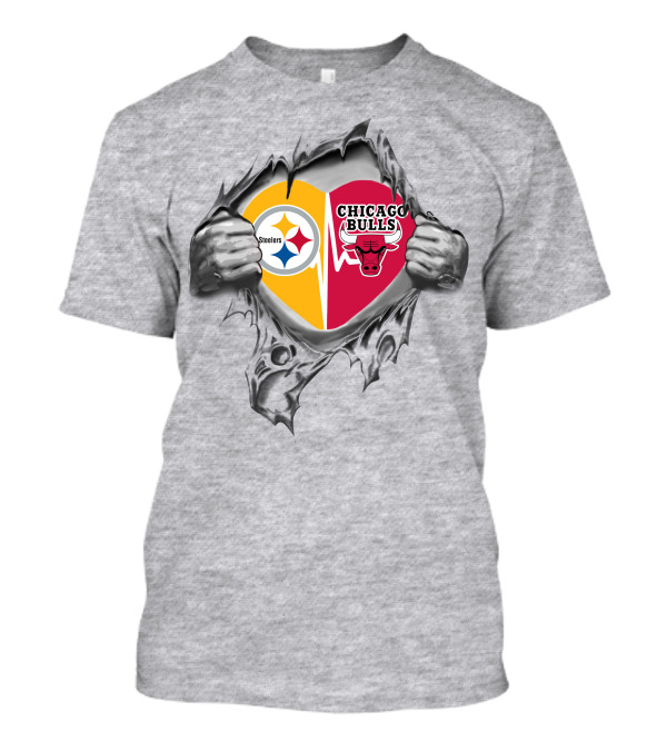 Steelers Chicago Bulls Heart Rip Steel Football Basketball Fusion T-Shirt