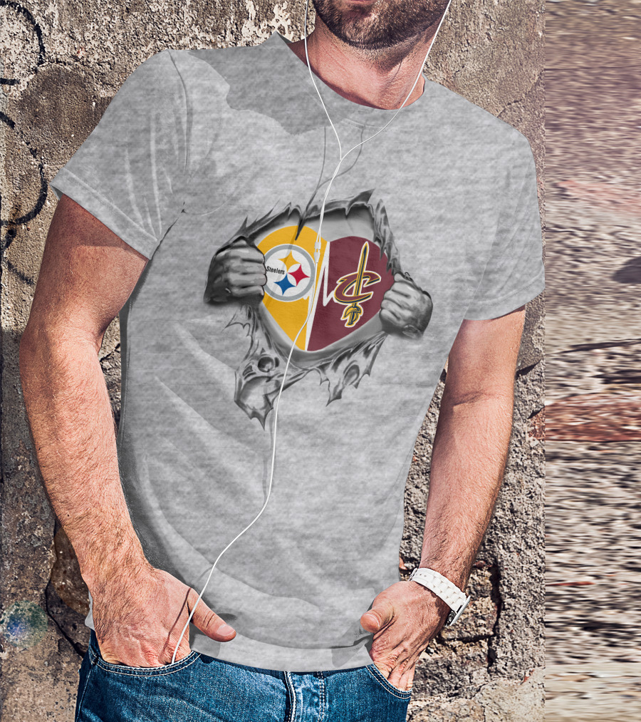 Steelers Cavaliers Heart Torn Gray Background T-Shirt