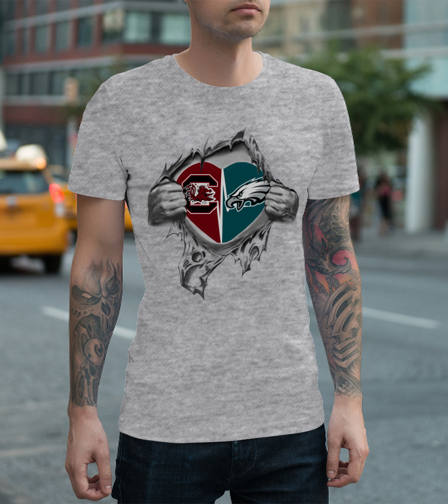 Eagles Gamecocks Heart Logo With Split Design And Hand Rip Effect T-Shirt