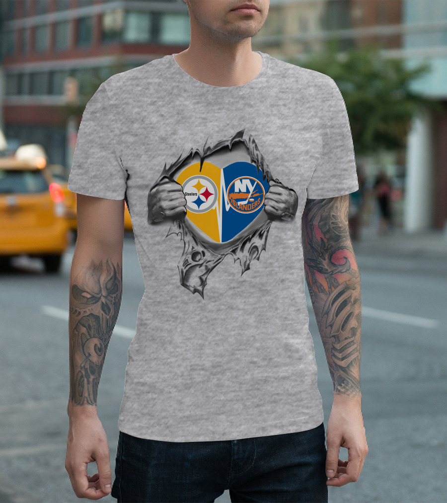 Steelers Islanders Heart Logos Ripping Open With Hands T-Shirt
