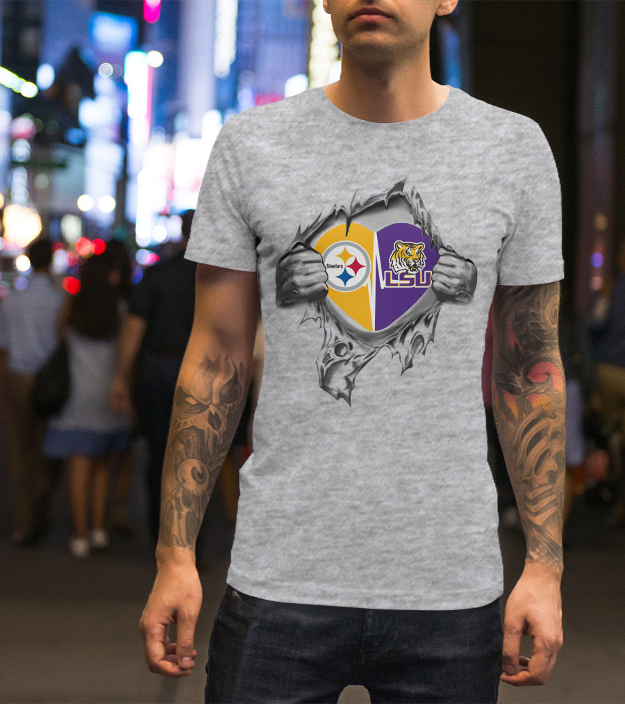Steelers LSU Heart With Logos And Tiger T-Shirt