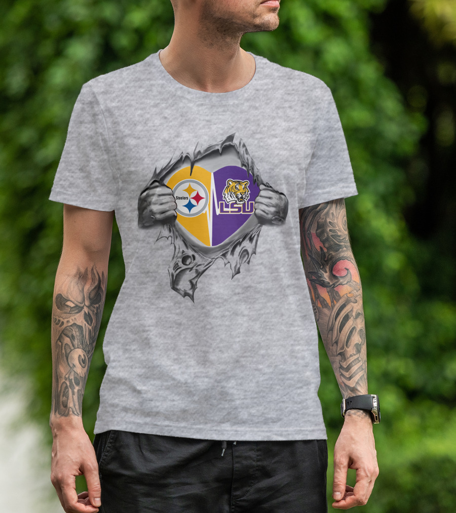 Steelers LSU Heart With Logos And Tiger T-Shirt