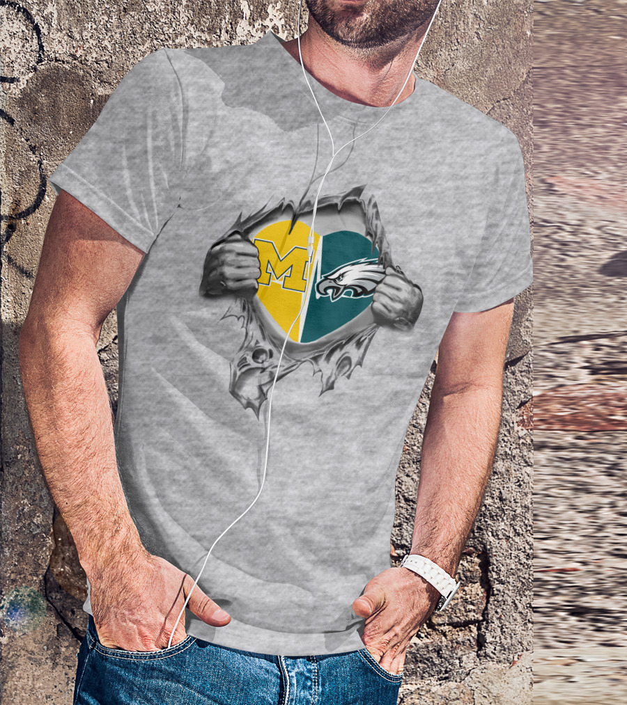 Michigan And Philadelphia Eagles Heart Unity T-Shirt