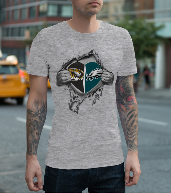 Eagles Missouri Tigers Heart With Logos And Torn Fabric T-Shirt