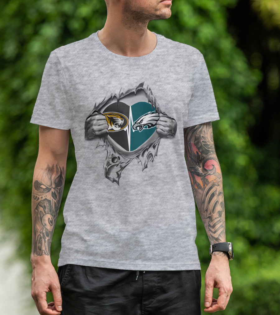 Eagles Missouri Tigers Heart With Logos And Torn Fabric T-Shirt