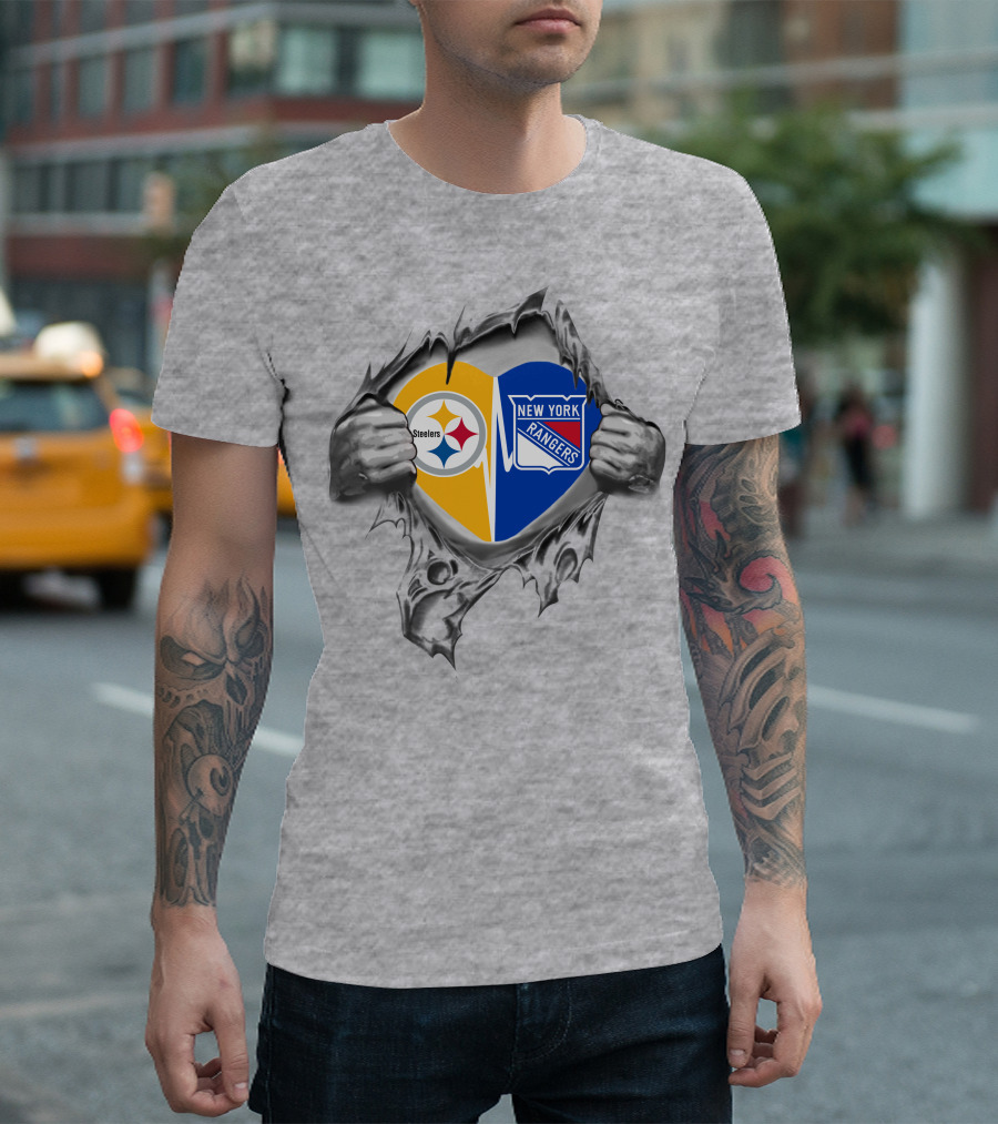 Steelers New York Rangers Heart Steel Tear T-Shirt