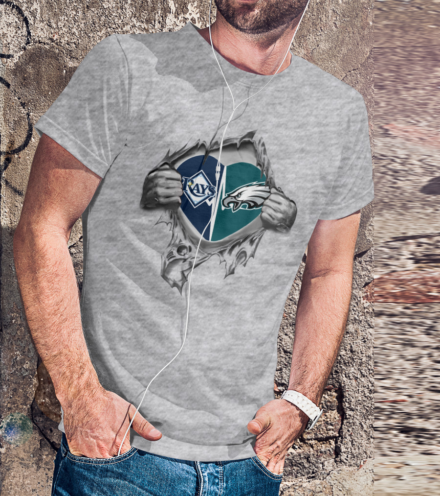 Eagles Rays Heart Torn Open Fan Logo Combination T-Shirt