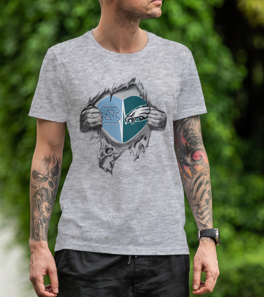 Eagles Tar Heels Heart Design With Hands Tearing Background T-Shirt