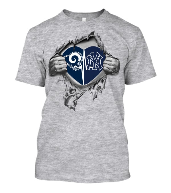 Rams Yankees Heart Split Hidden Under Ripped Surface T-Shirt