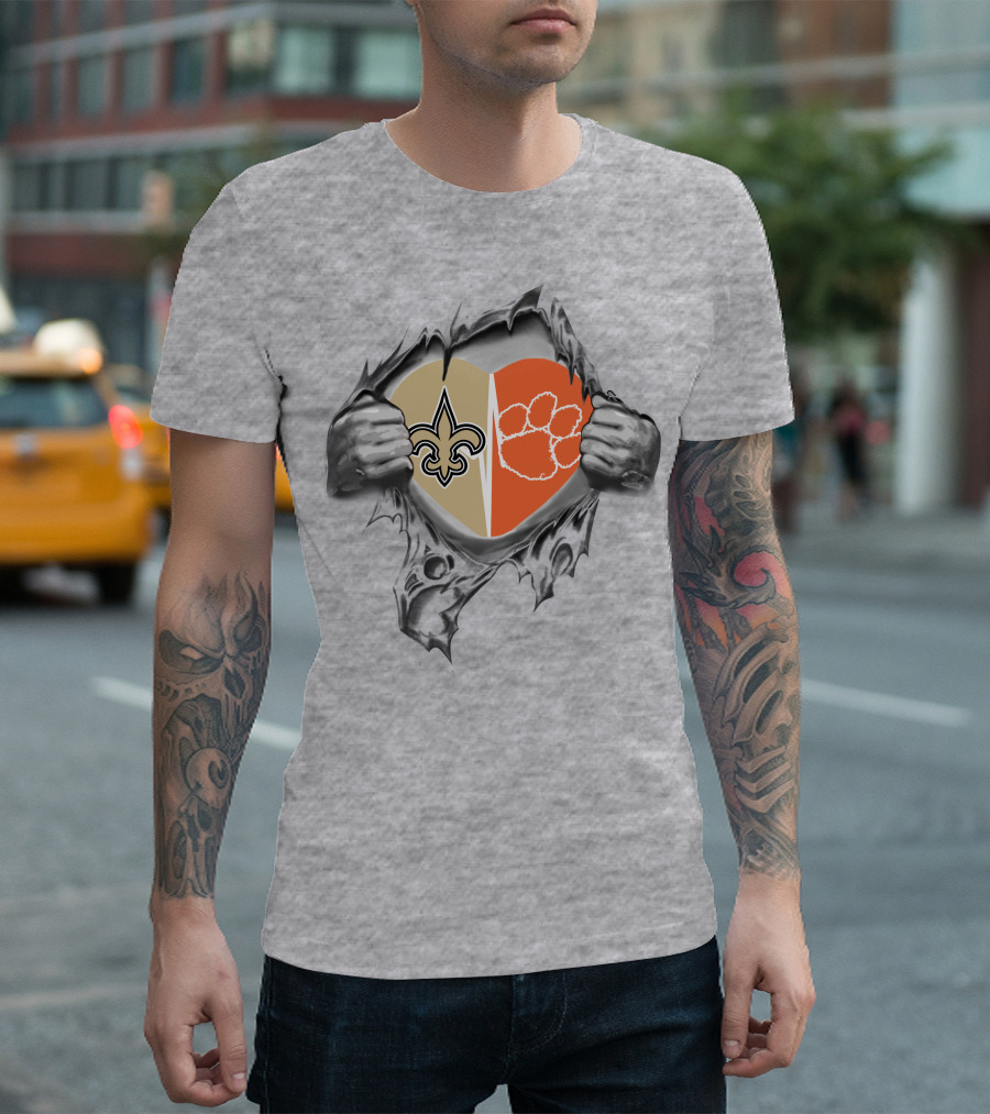 Saints Clemson Tigers Heart Design Football T-Shirt