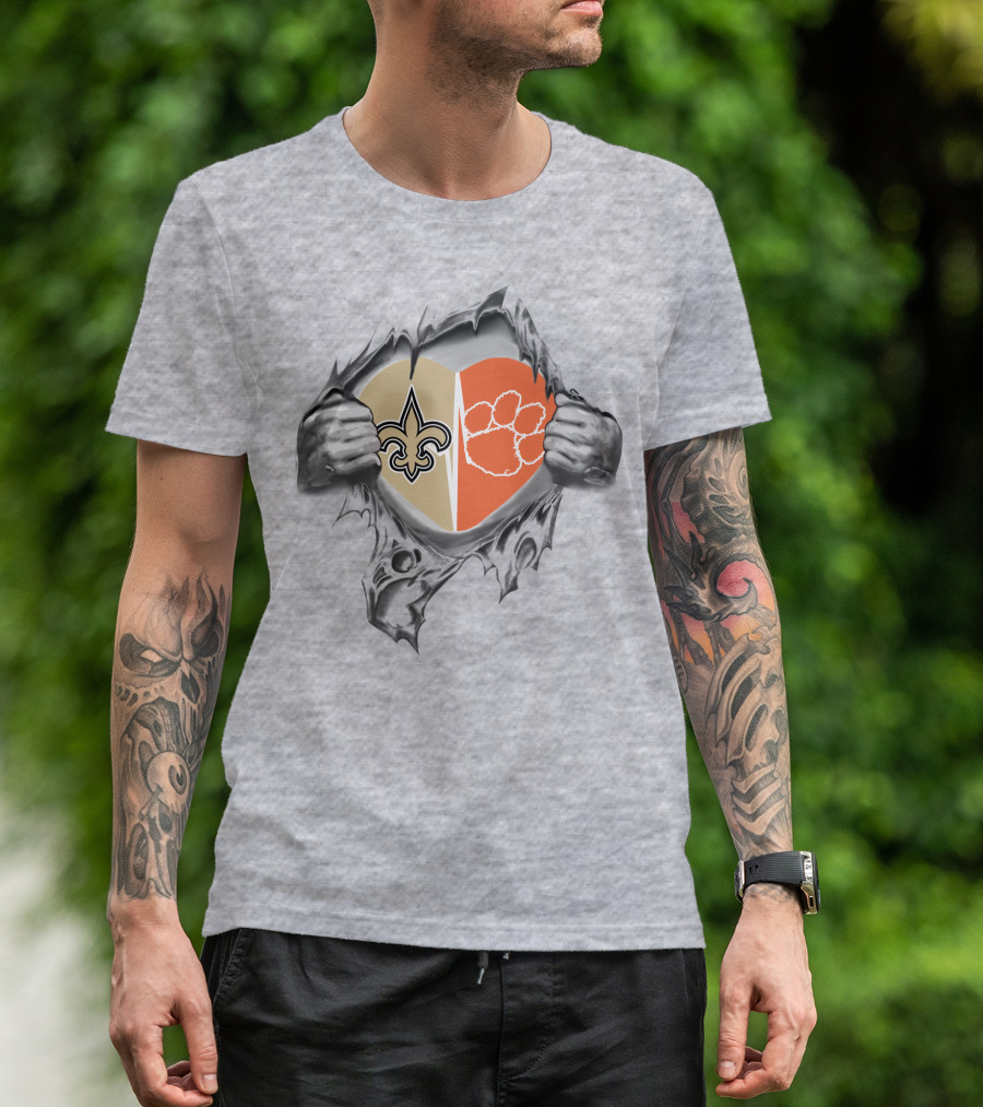 Saints Clemson Tigers Heart Design Football T-Shirt