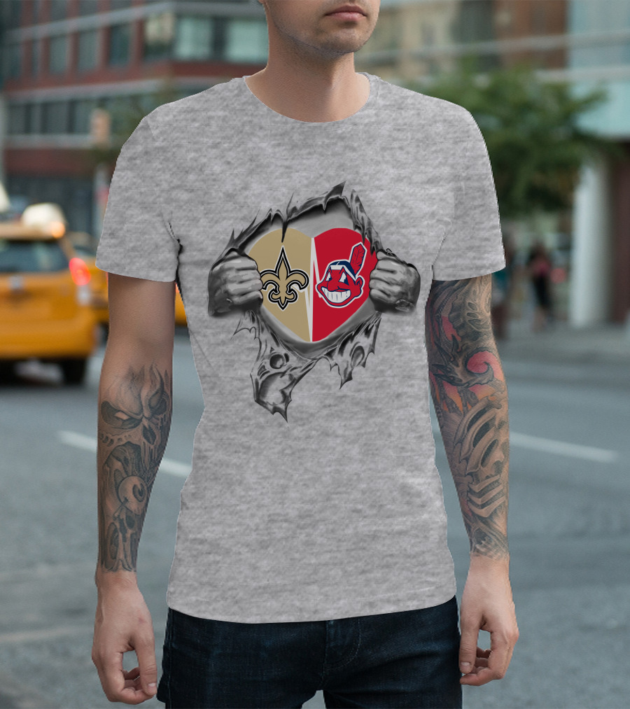 Saints Indians Heart With NFL Fleur-de-Lis And Chief T-Shirt