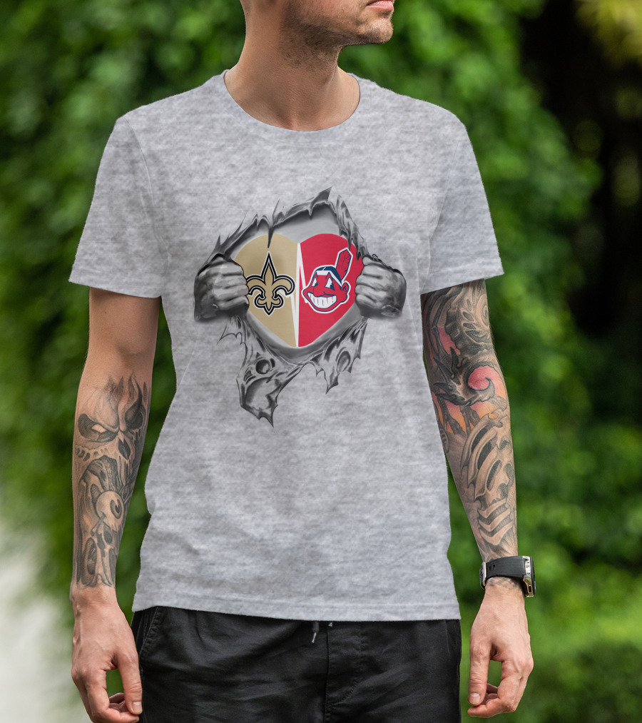 Saints Indians Heart With NFL Fleur-de-Lis And Chief T-Shirt