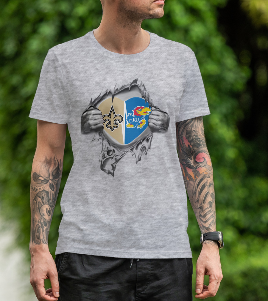 Saints Kansas Jayhawks Heart Together Inside Ripped T-Shirt