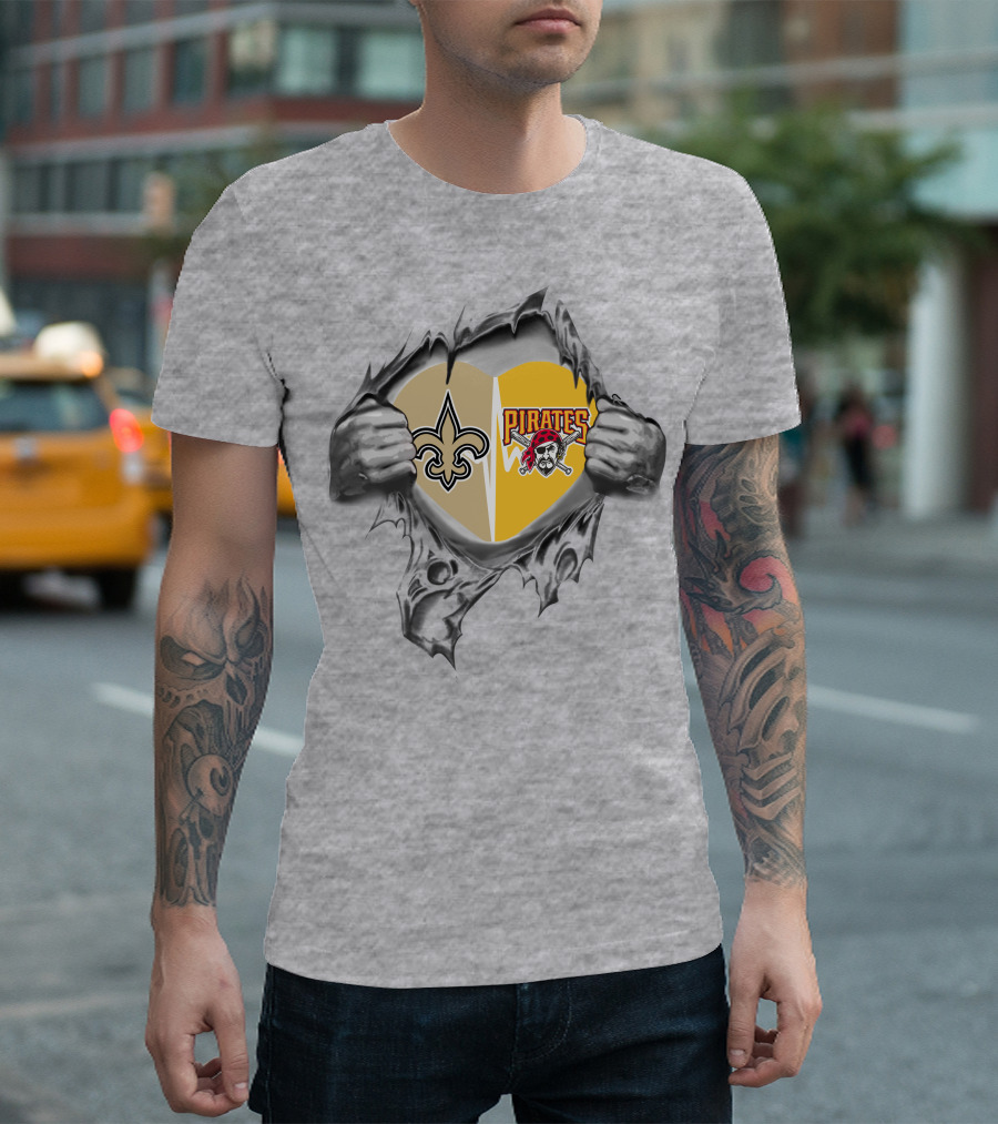 Saints Pirates Heart Split Fleur-de-Lis and Jolly Roger T-Shirt