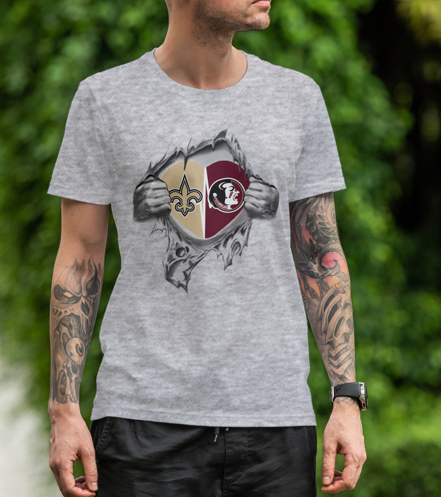 Saints Seminoles Heart Design With New Orleans And Florida State T-Shirt