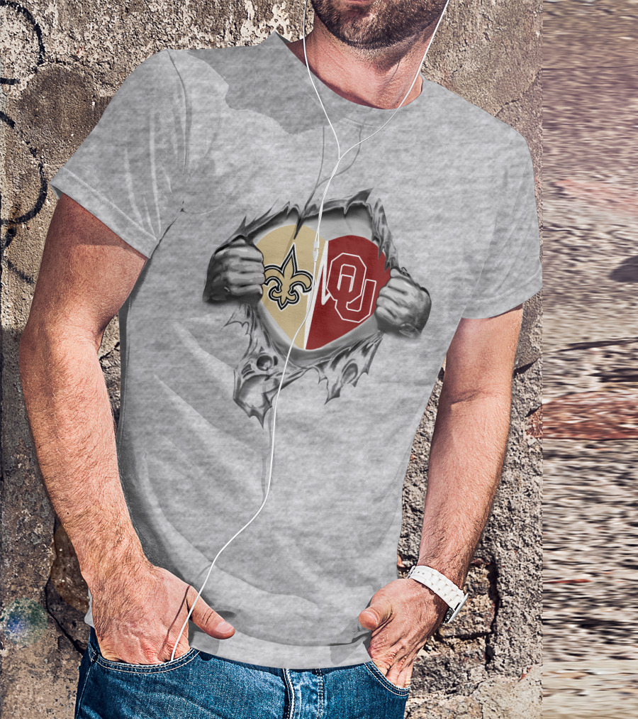 Saints Sooners Heart Torn Open Fleur-de-Lis OU T-Shirt