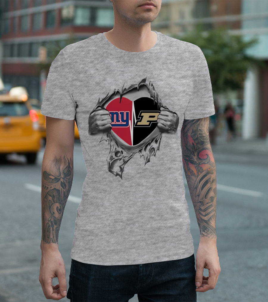 New York Giants And Purdue University Split Heart Design Tear Open T-Shirt