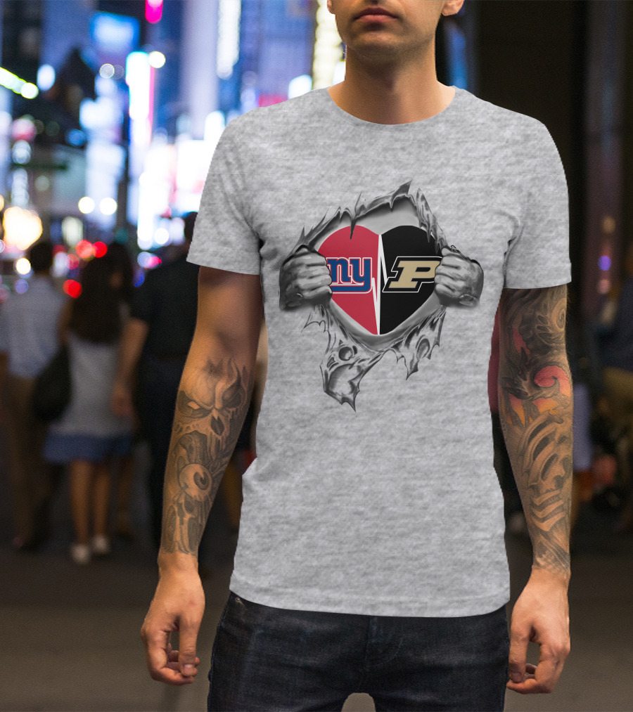 New York Giants And Purdue University Split Heart Design Tear Open T-Shirt