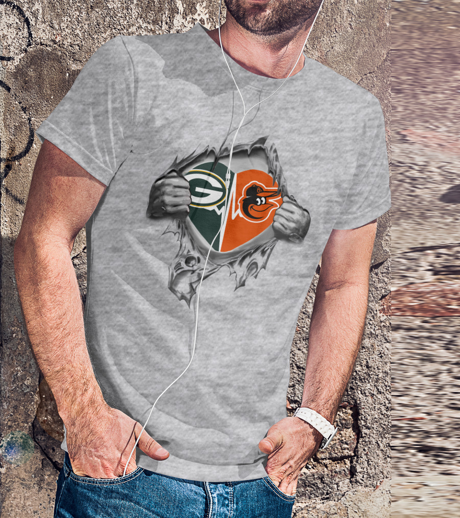 Green Bay Packers Baltimore Orioles Heartbeat Torn Fabric T-Shirt