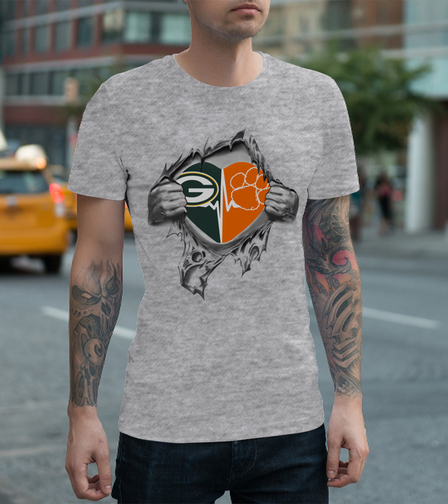 Green Bay Packers Clemson Tigers Heartbeat Logo Combination T-Shirt