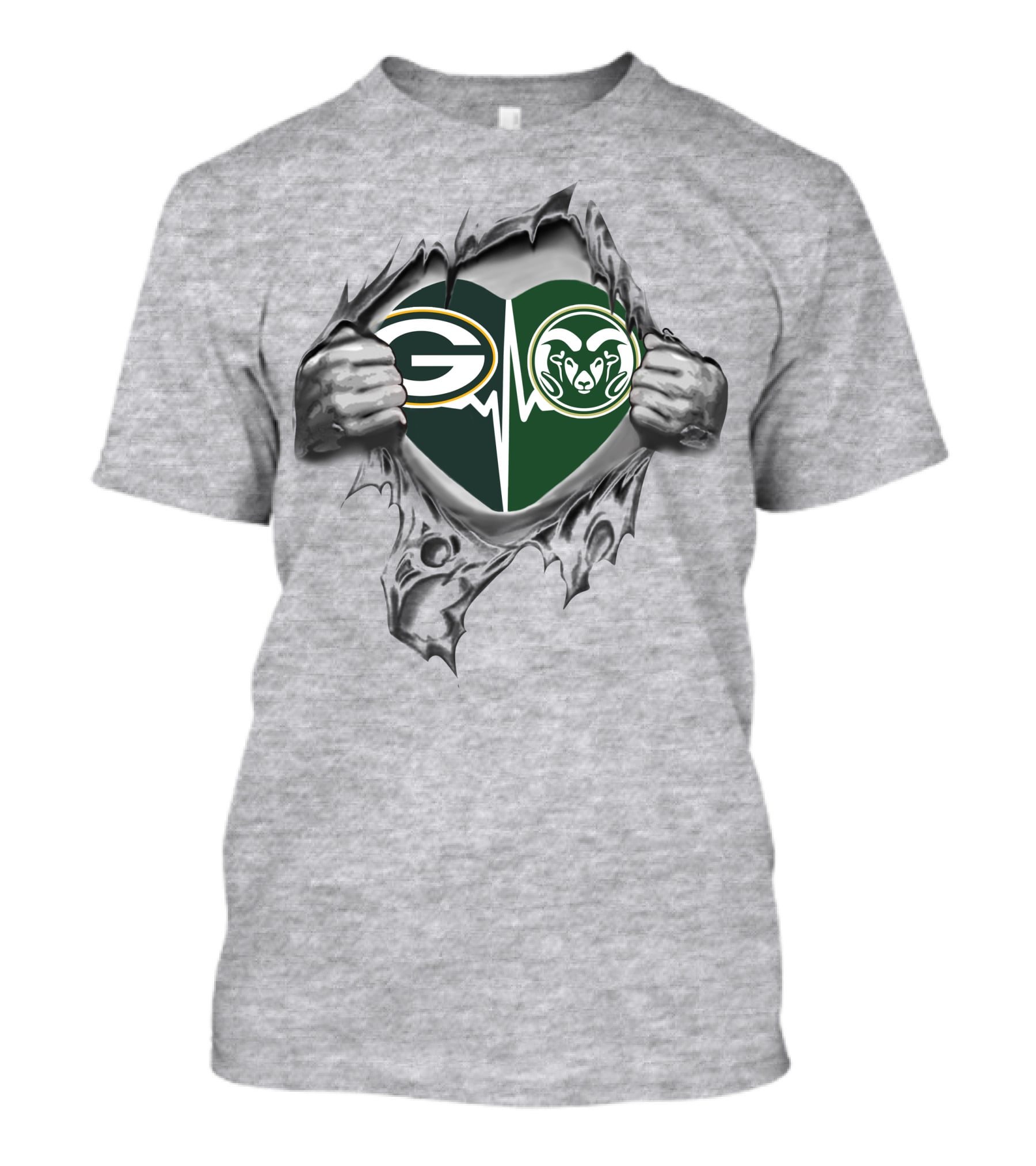 Green Bay Packers Colorado State Rams Heartbeat Silver Tear T-Shirt