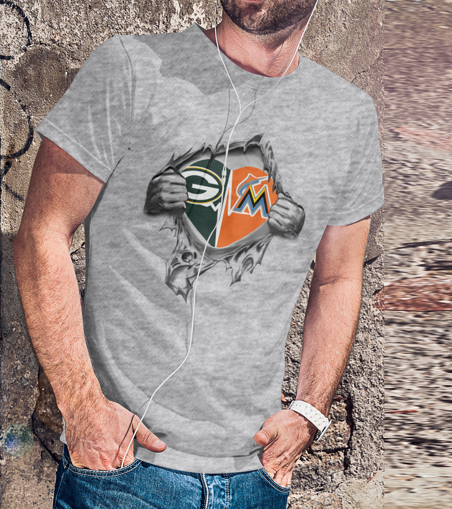 Green Bay Packers Miami Marlins Heart Rip T-Shirt
