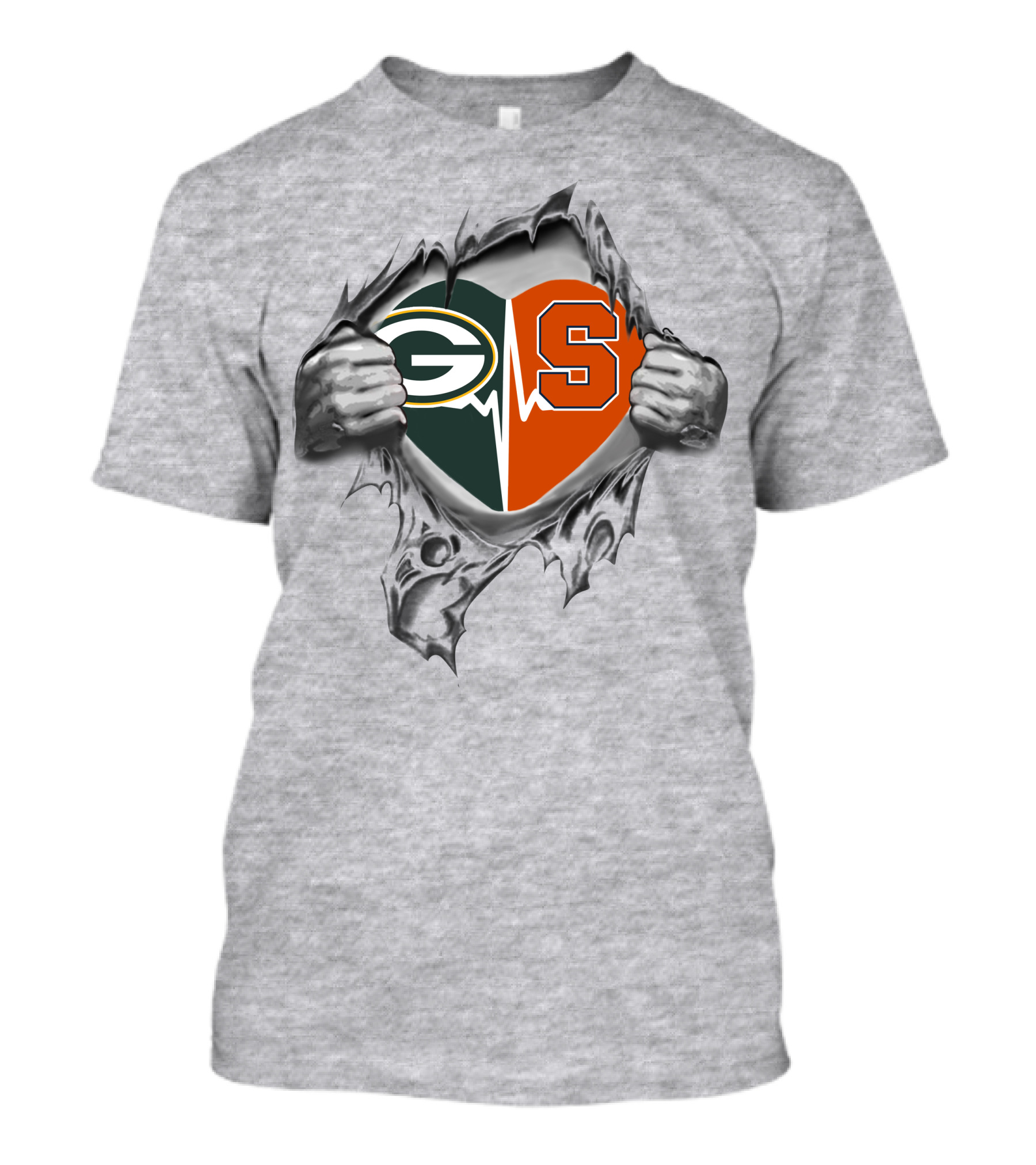 Green Bay Packers Syracuse Orange Heartbeat Logo Peeling Hands T-Shirt