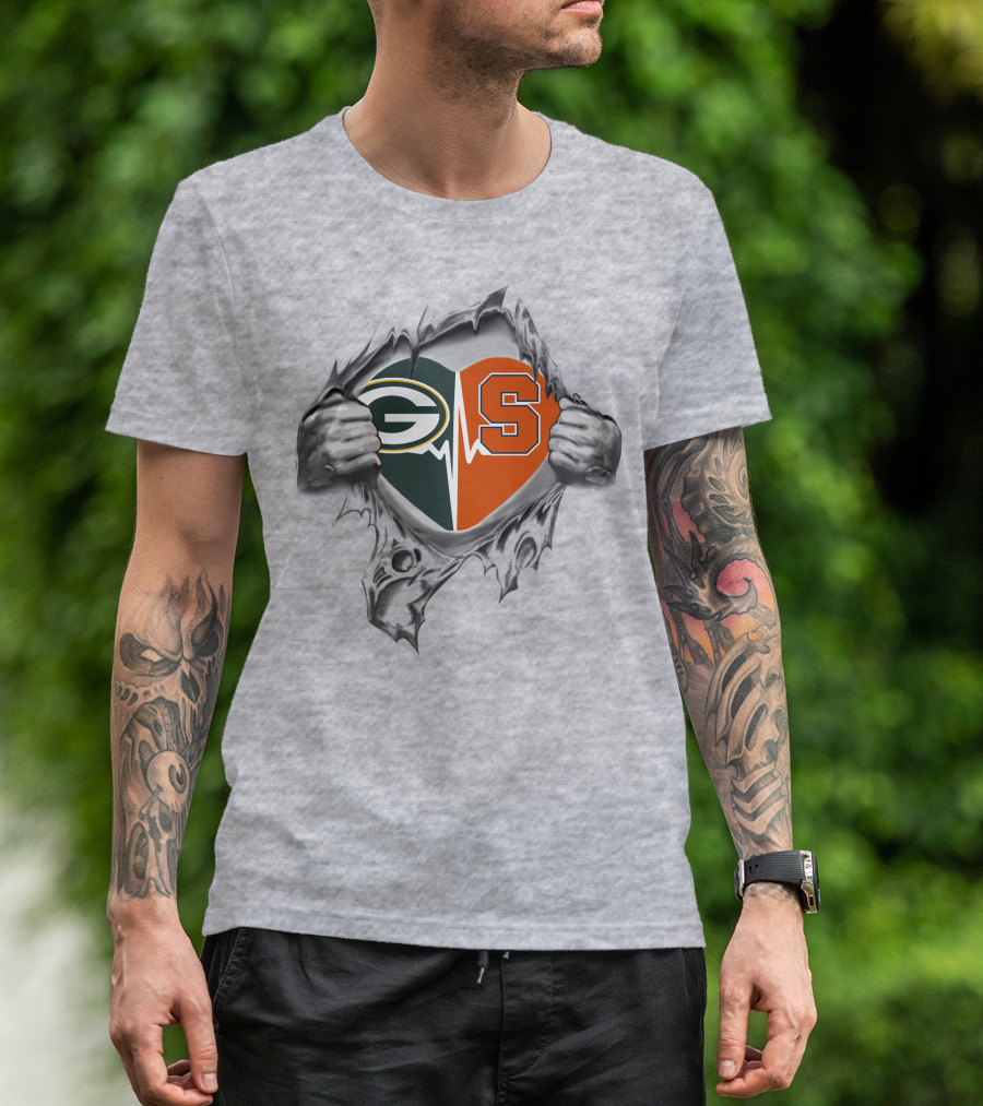 Green Bay Packers Syracuse Orange Heartbeat Logo Peeling Hands T-Shirt