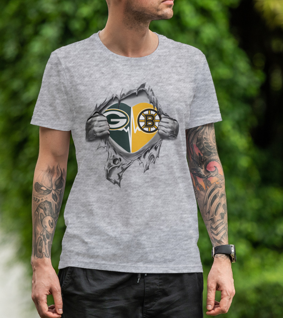 Green Bay Packers Boston Bruins Heart Logo Fusion T-Shirt