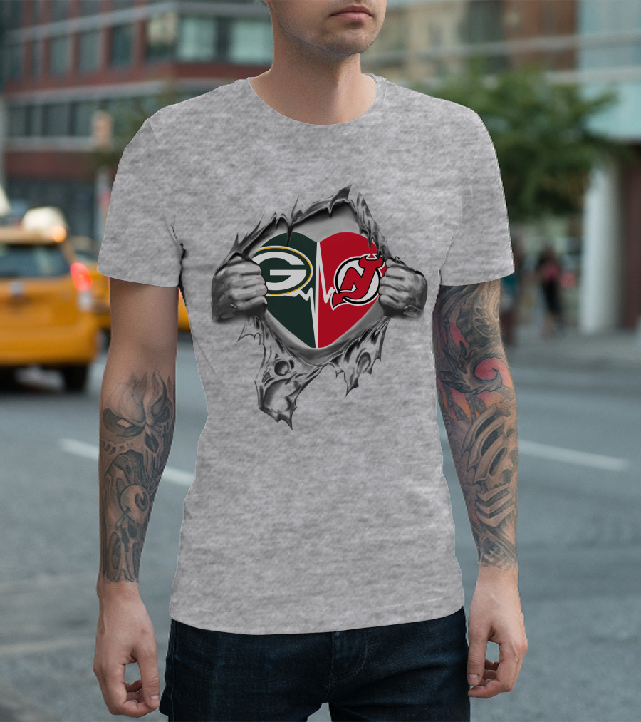 Green Bay Packers New Jersey Devils Heartbeat Dual Logo Tear T-Shirt