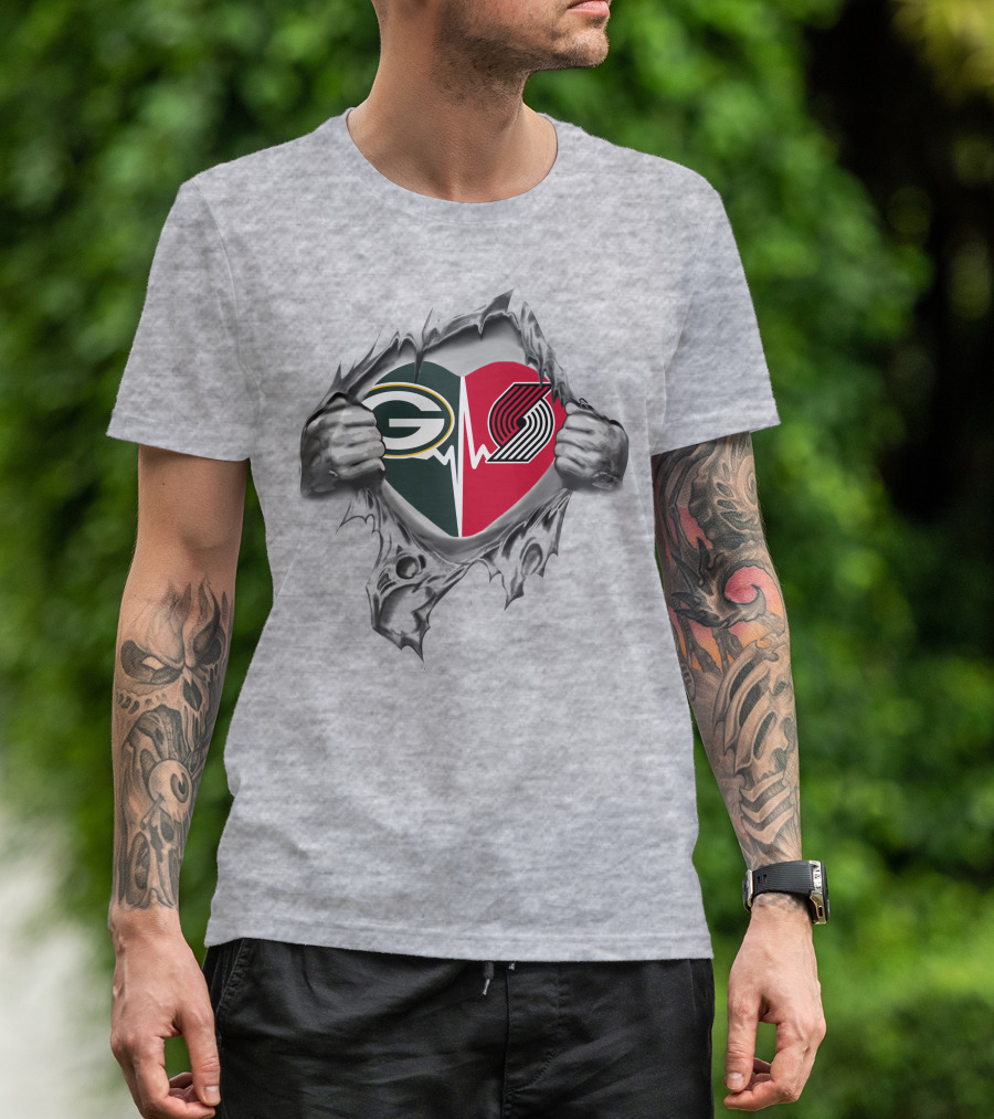 Green Bay Packers Portland Trail Blazers Heartbeat Rip Fan T-Shirt