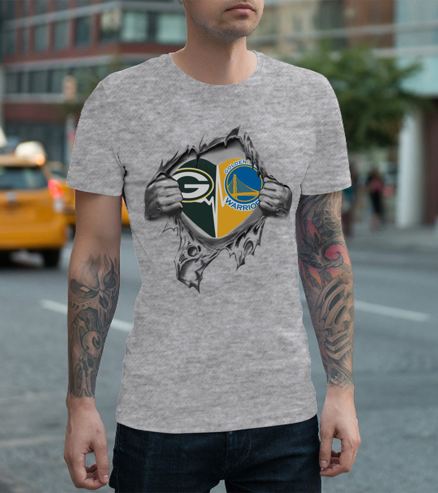 Green Bay Packers Golden State Warriors Logos In Torn T-Shirt