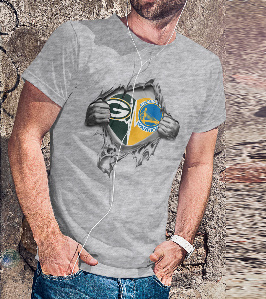 Green Bay Packers Golden State Warriors Logos In Torn T-Shirt
