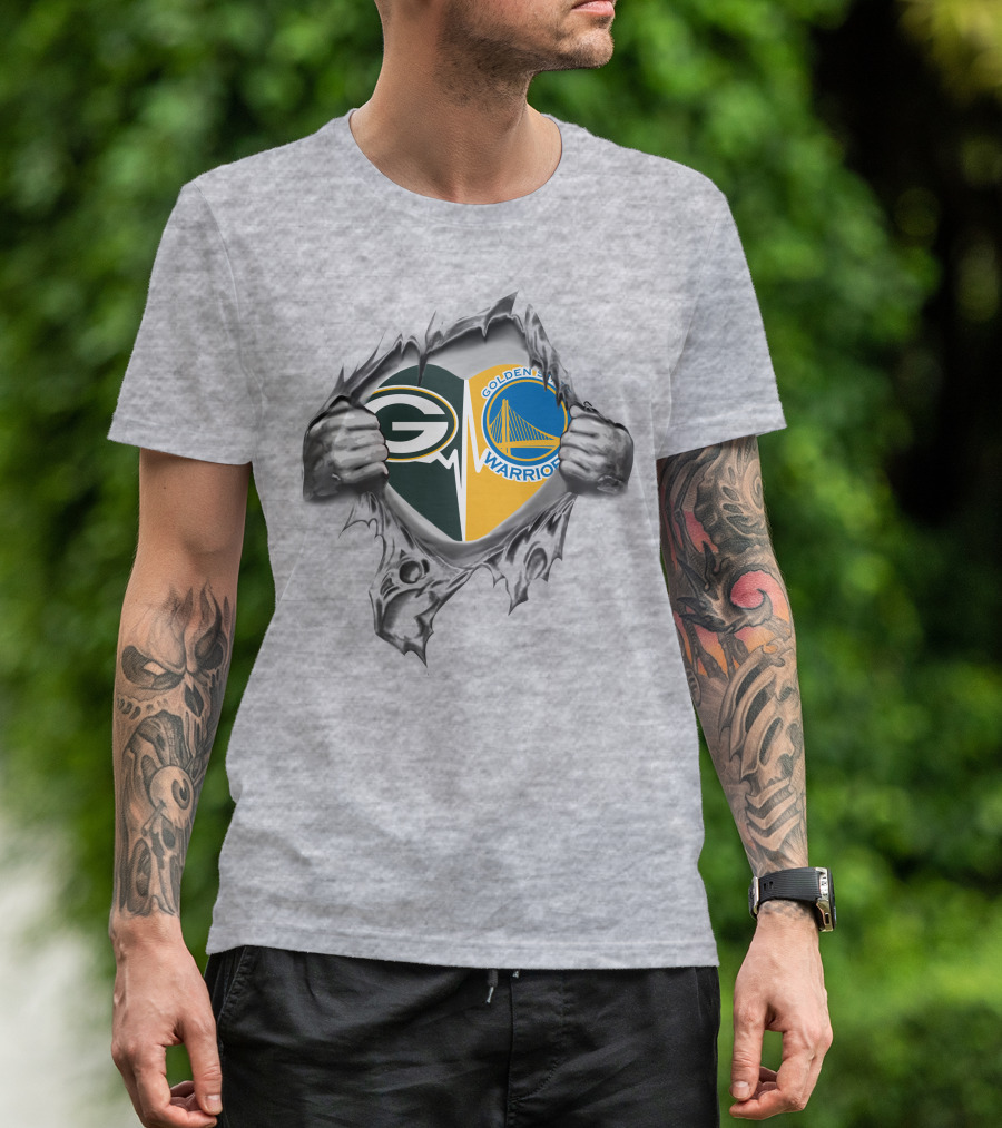 Green Bay Packers Golden State Warriors Logos In Torn T-Shirt
