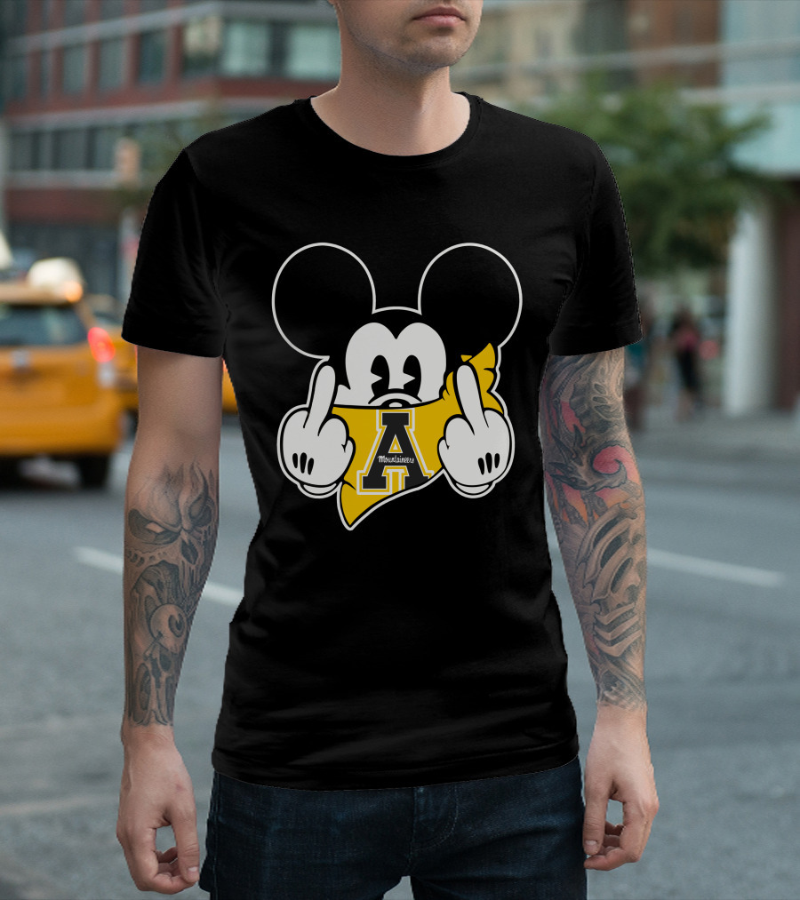 Appalachian State Mountaineers Mickey Iconic Gesture Black And Yellow Graphics T-Shirt