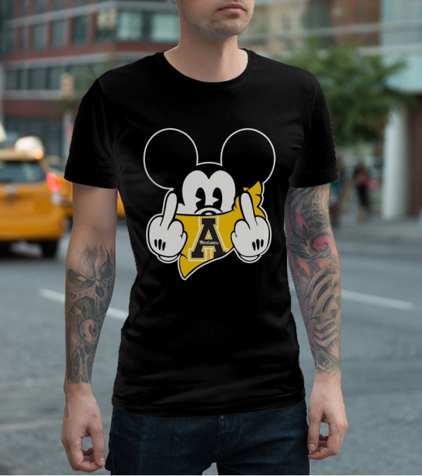 Appalachian State Mountaineers Mickey Iconic Gesture Black And Yellow Graphics T-Shirt