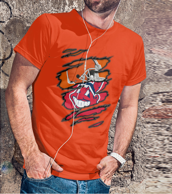 Cleveland Browns Helmet Retro Indians Chief Wahoo Claw Marks Logo Combination T-Shirt