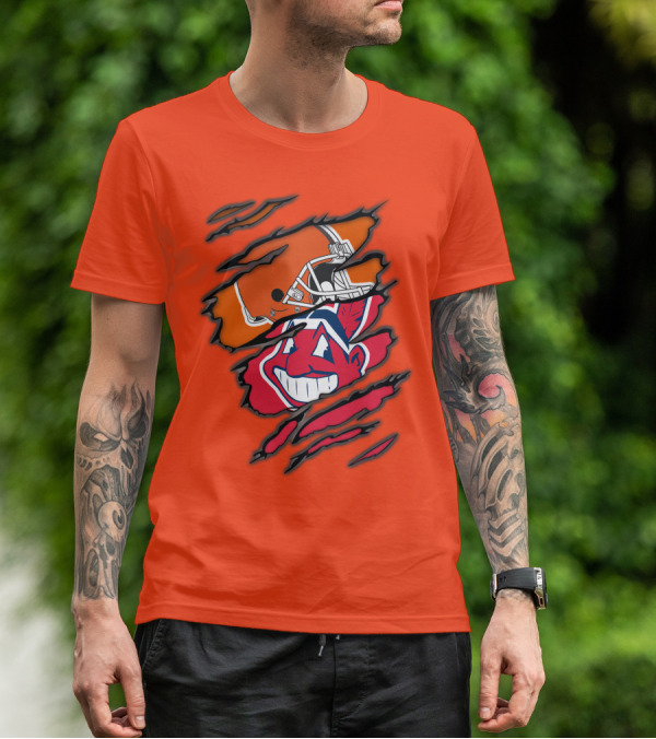 Cleveland Browns Helmet Retro Indians Chief Wahoo Claw Marks Logo Combination T-Shirt