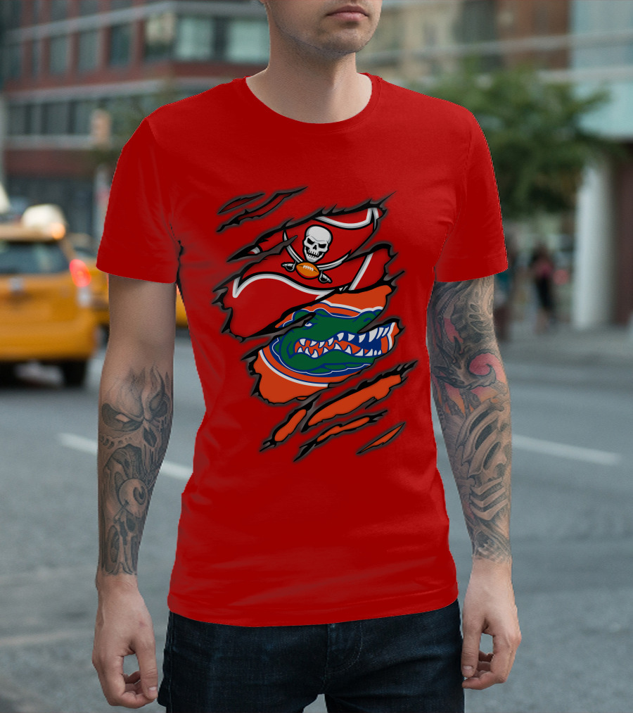 Buccaneers Gators Skull Football and Alligator Dual Logo Burst T-Shirt