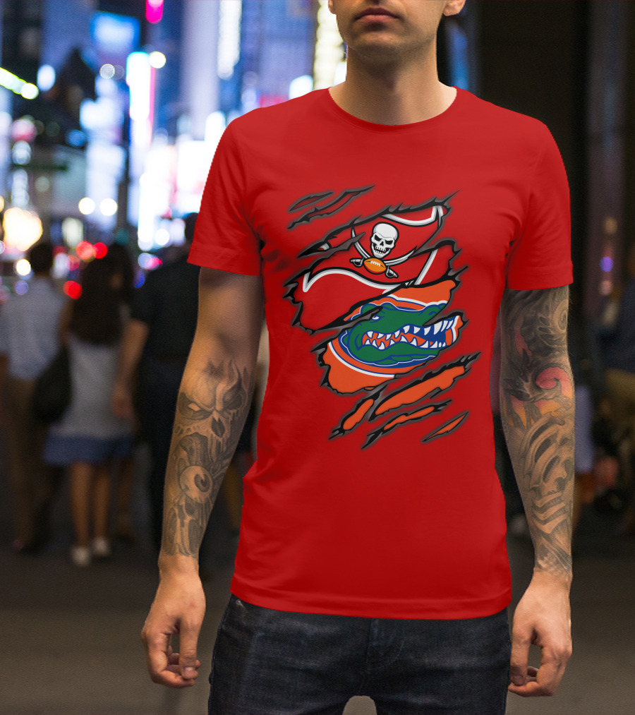 Buccaneers Gators Skull Football And Alligator Dual Logo Burst T-Shirt