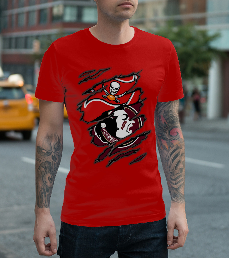 Buccaneers Seminoles Skull and Tomahawk Football Fusion T-Shirt
