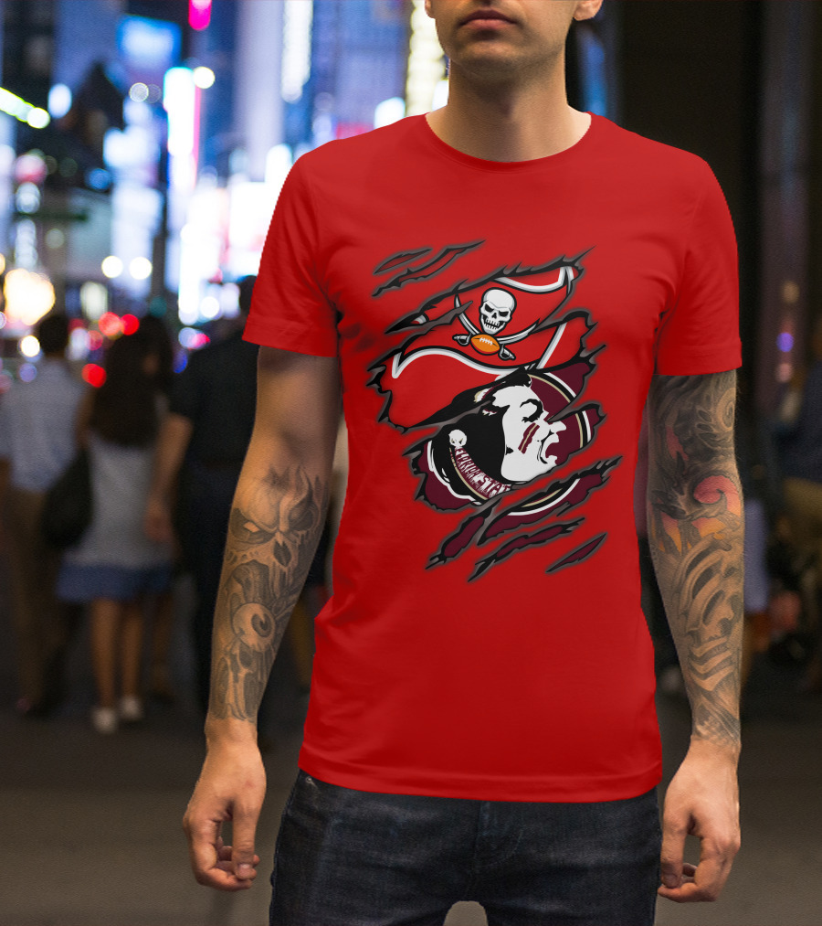 Buccaneers Seminoles Skull And Tomahawk Football Fusion T-Shirt