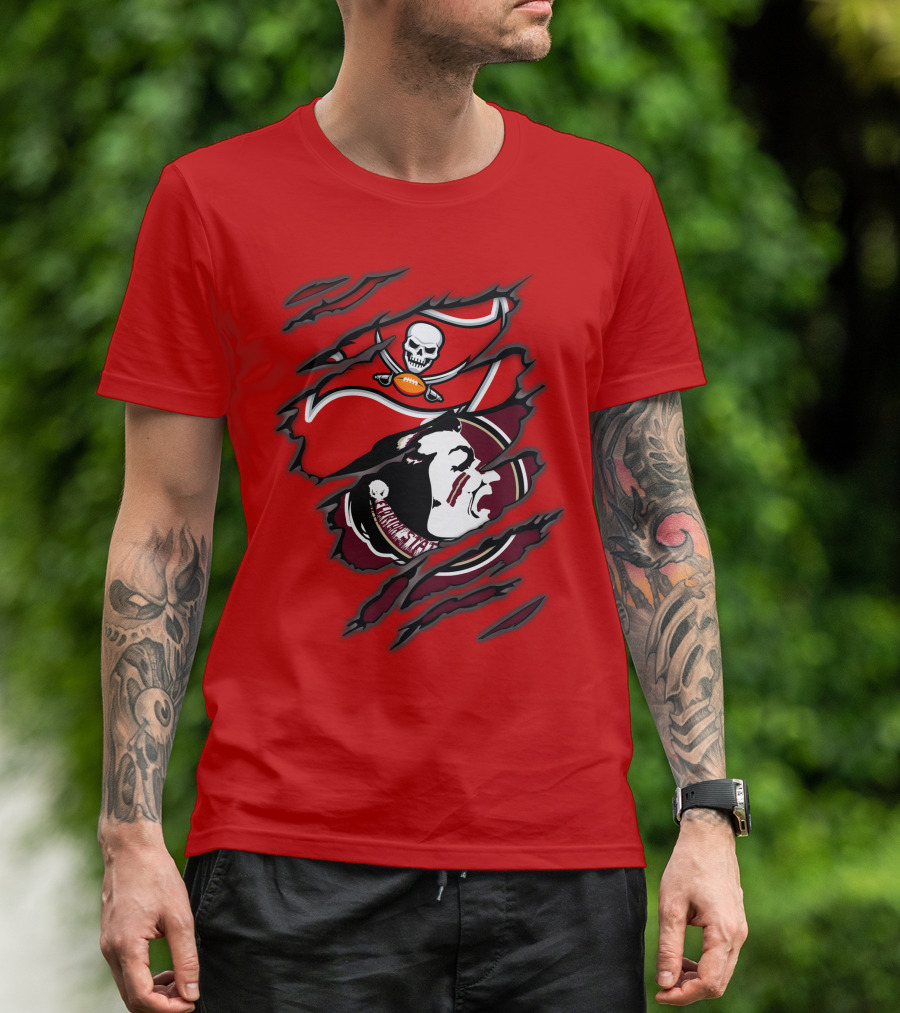 Buccaneers Seminoles Skull And Tomahawk Football Fusion T-Shirt