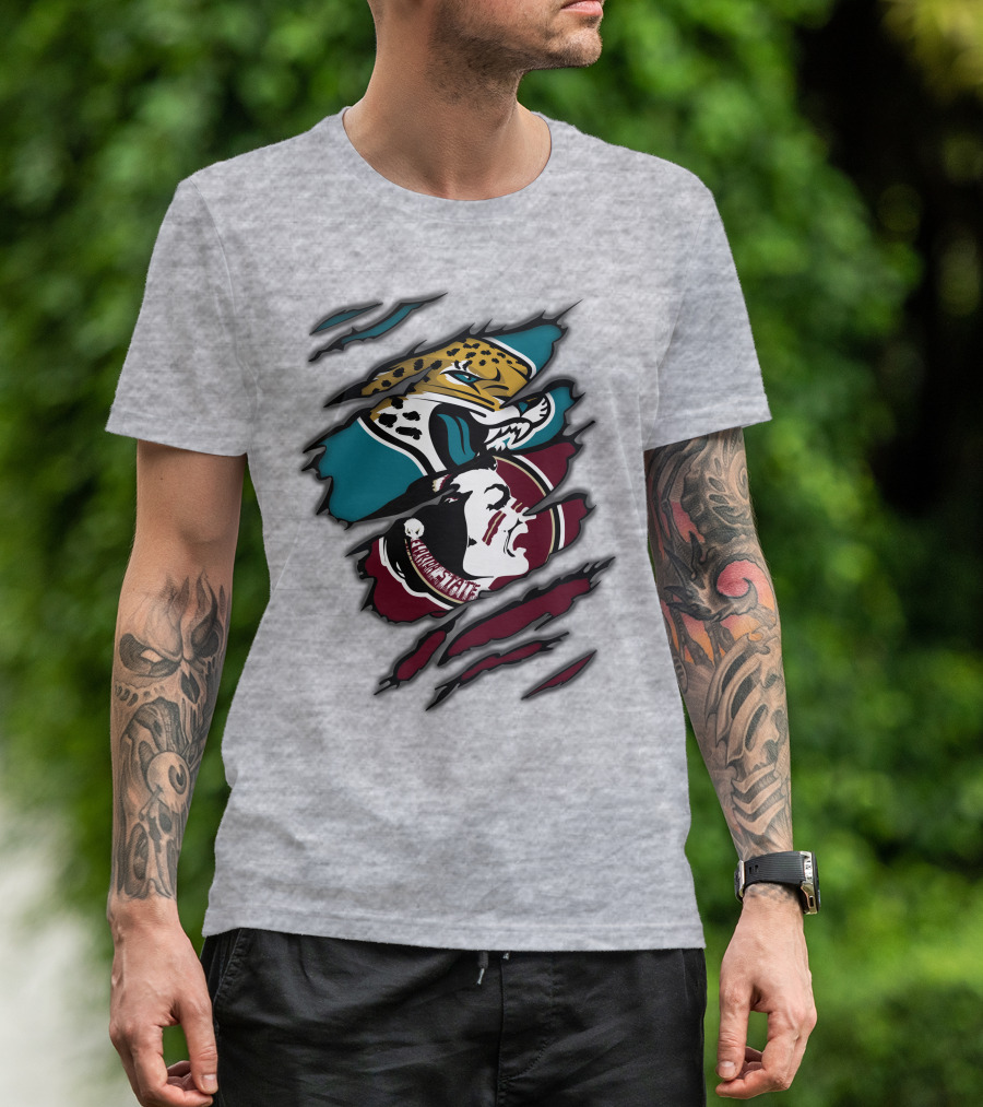 Jacksonville Jaguars And Florida State Seminoles Logo Crossover T-Shirt
