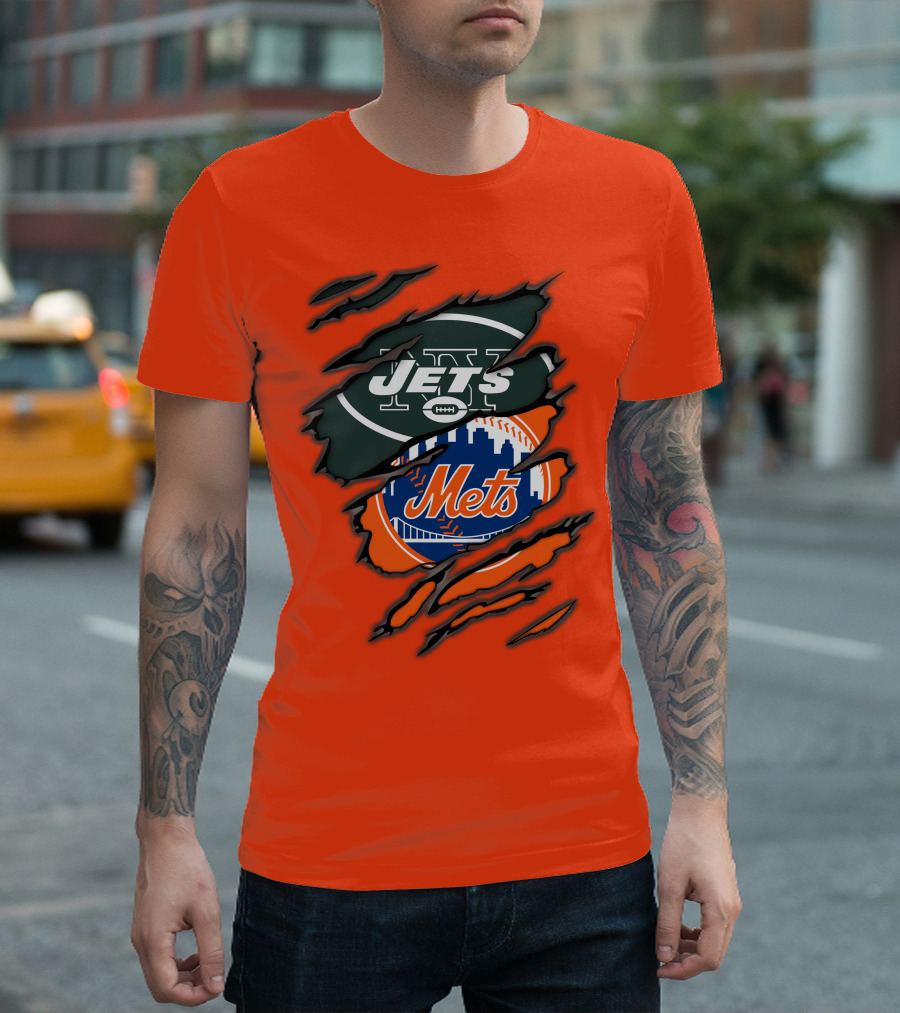 Jets Mets Nfl Mlb Ripped Logo Fusion T-Shirt