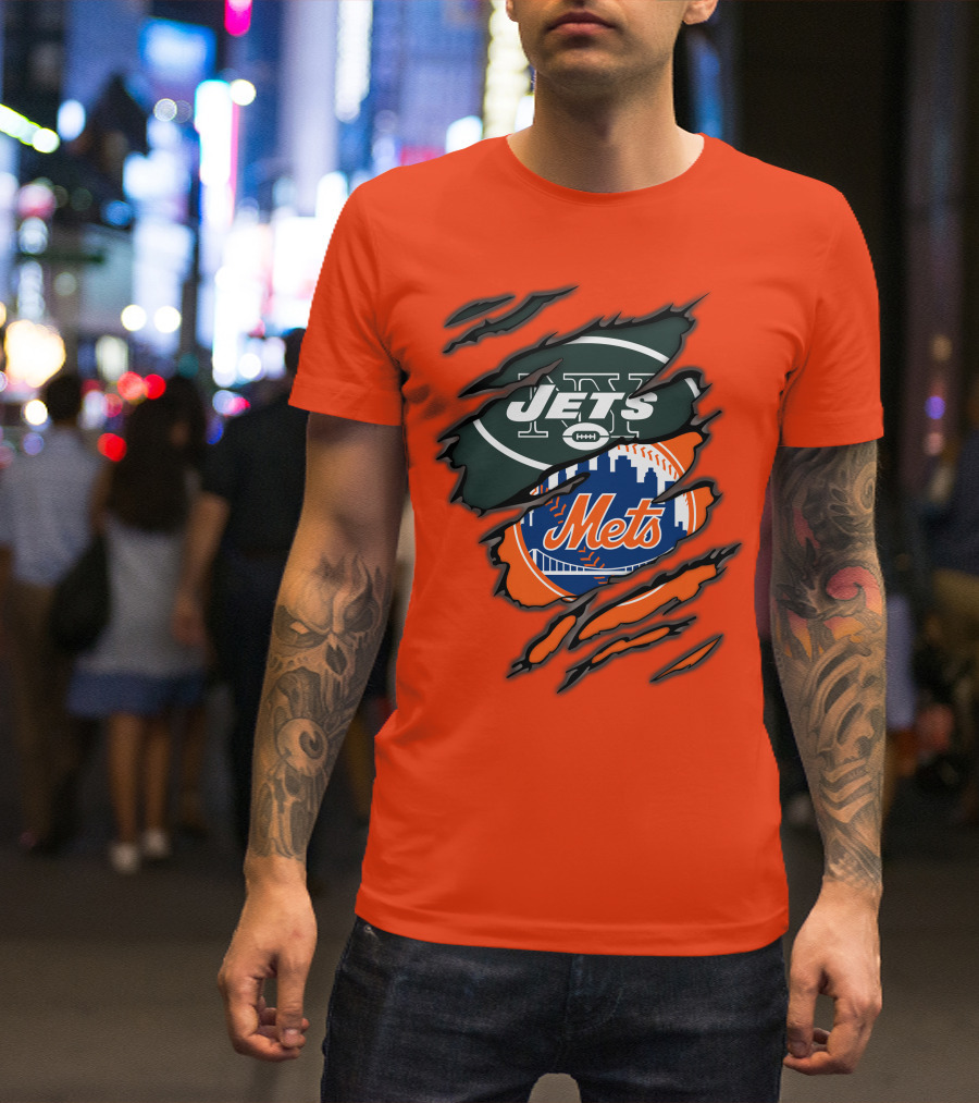Jets Mets Nfl Mlb Ripped Logo Fusion T-Shirt