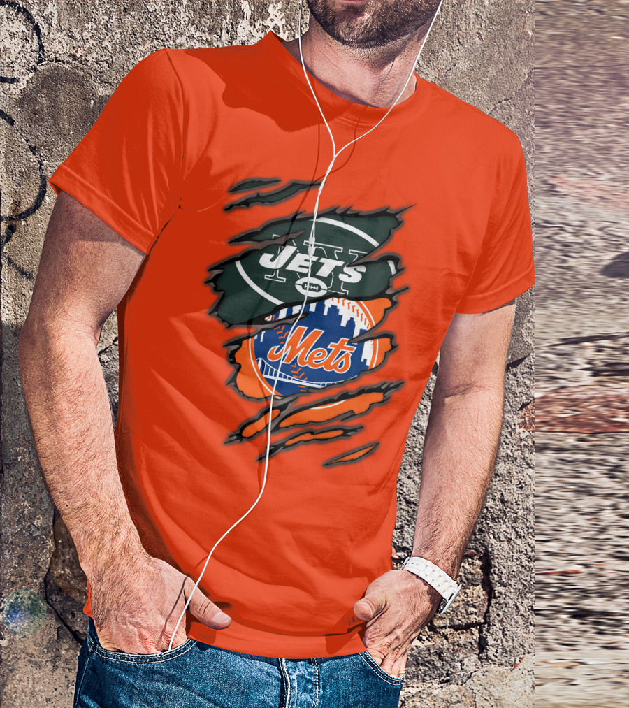 Jets Mets Nfl Mlb Ripped Logo Fusion T-Shirt