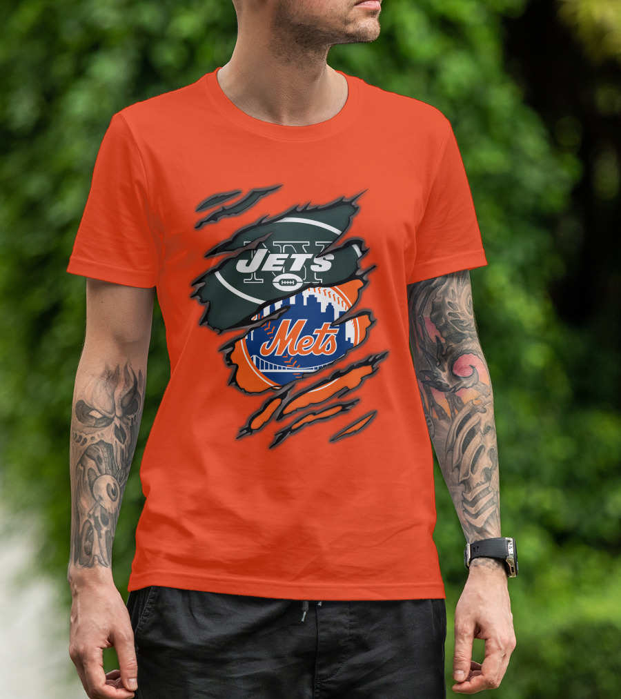 Jets Mets Nfl Mlb Ripped Logo Fusion T-Shirt